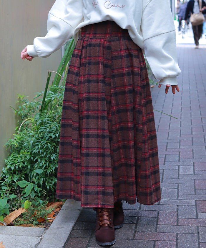 Brushed Check Pattern Long Skirt