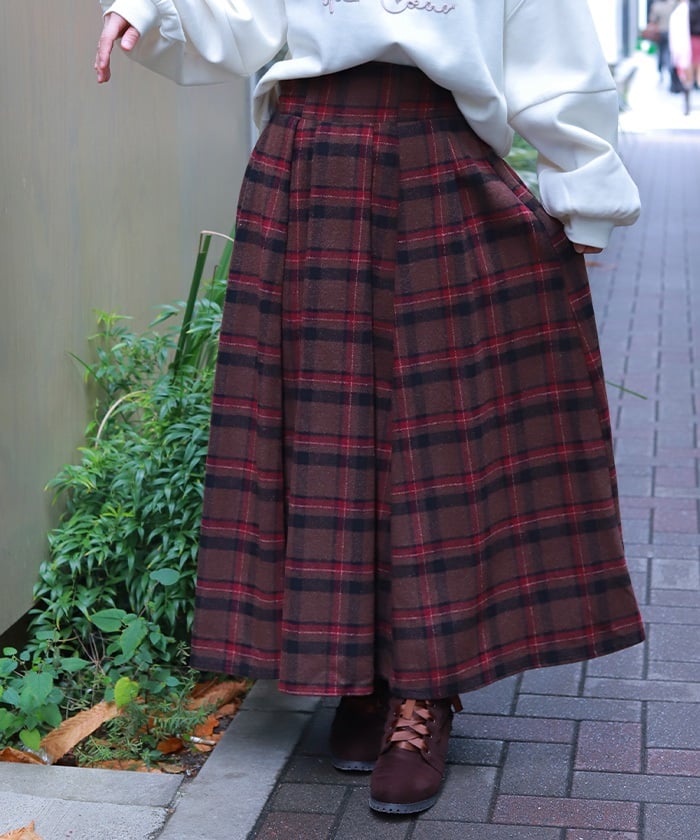 Brushed Check Pattern Long Skirt