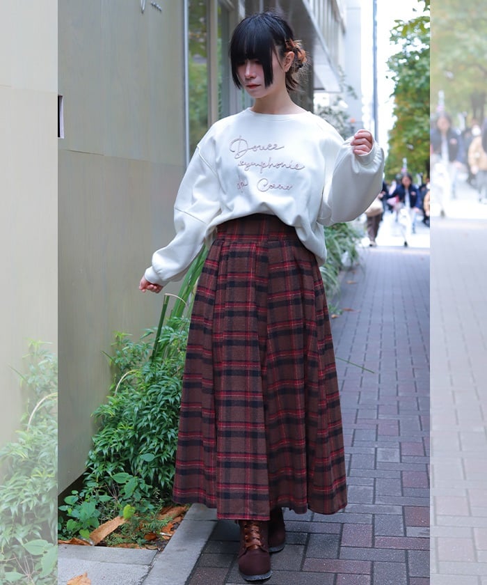 Brushed Check Pattern Long Skirt