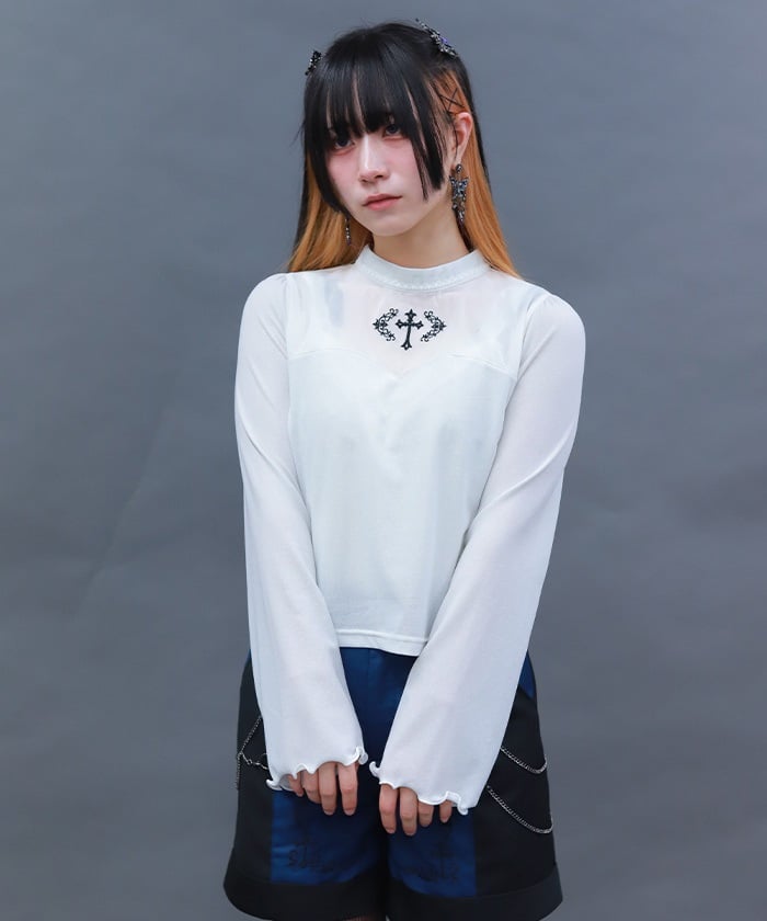 Cross Embroidery Lamé Cut Top