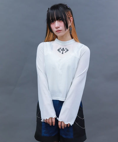 Cross Embroidery Lamé Cut Top