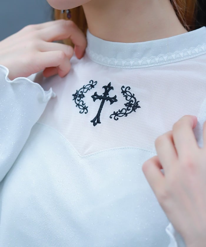 Cross Embroidery Lamé Cut Top