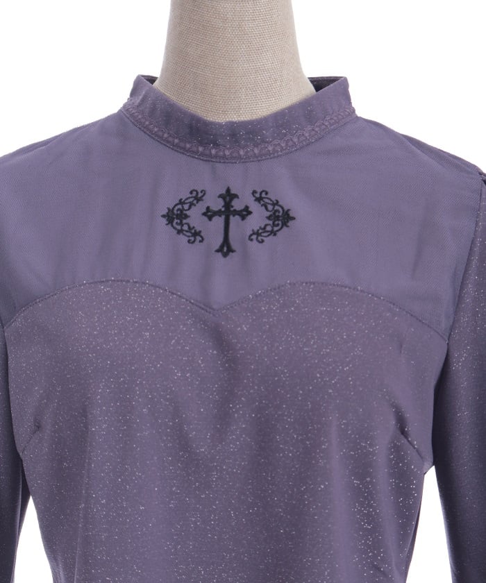 Cross Embroidery Lamé Cut Top
