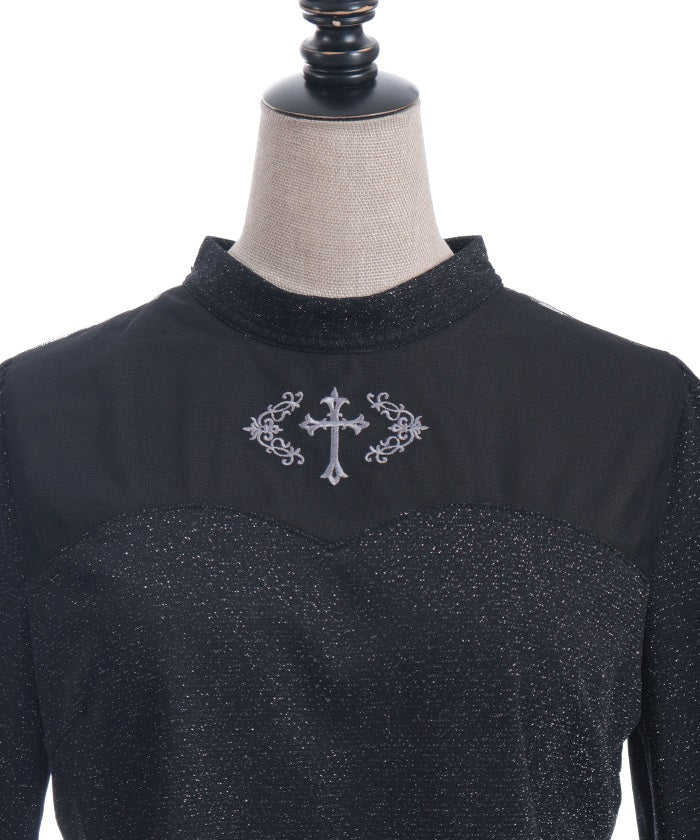 Cross Embroidery Lamé Cut Top