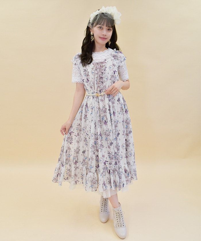 Papillon Rose Pattern Lace-Up Dress