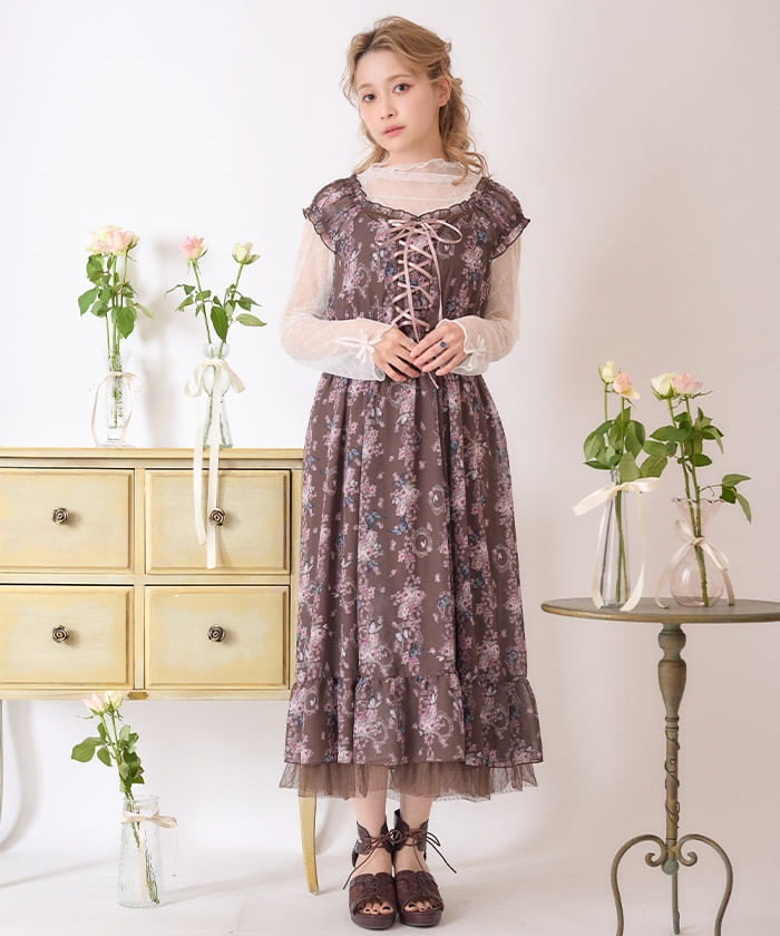 y2k axes femme ビッグリボン レース ウィッシュコア バレエコア Papillon Rose Pattern Lace-Up Dress – axes femme from JAPAN