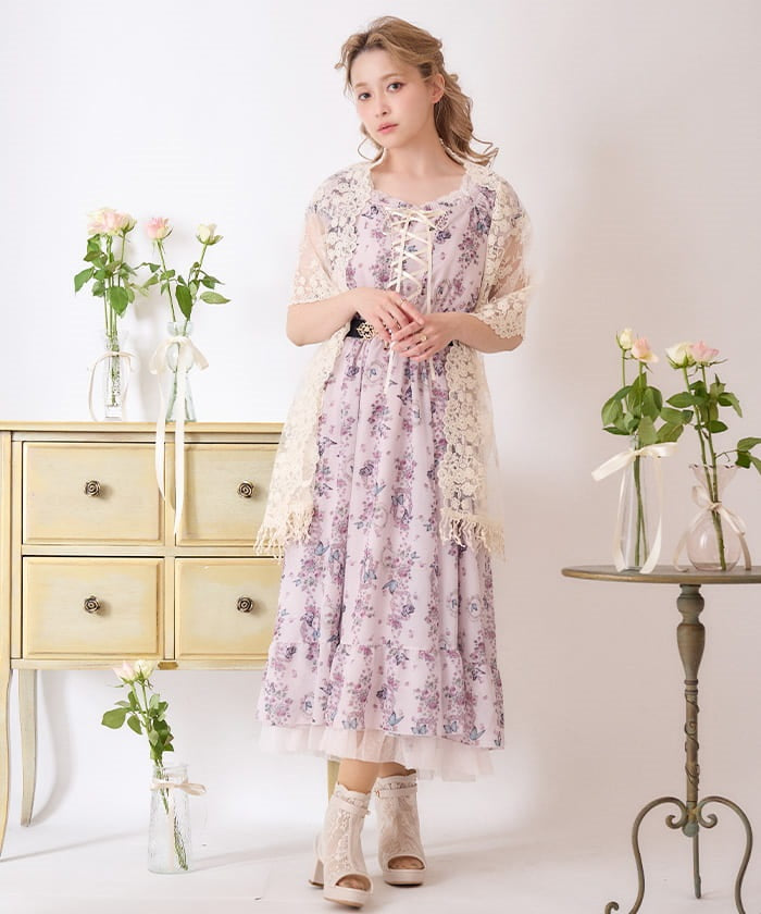 Papillon Rose Pattern Lace-Up Dress