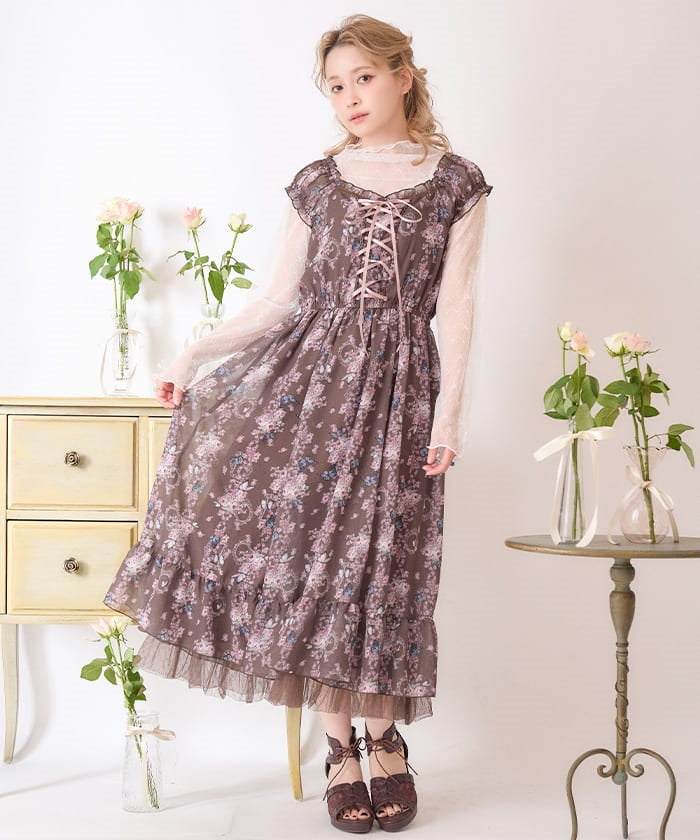 Papillon Rose Pattern Lace-Up Dress