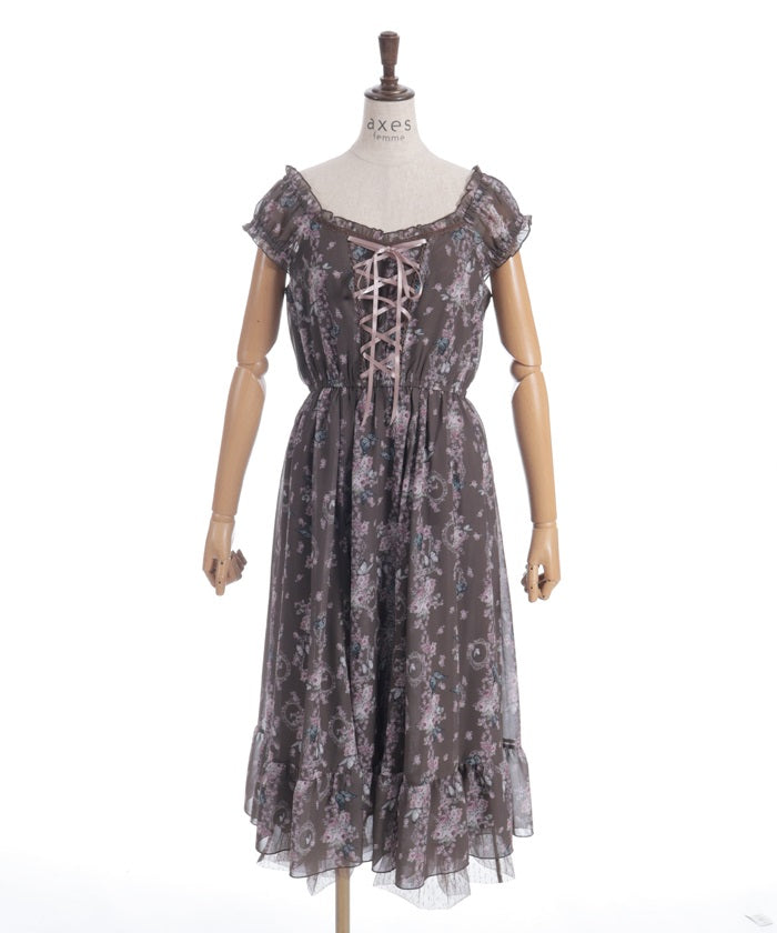 Papillon Rose Pattern Lace-Up Dress
