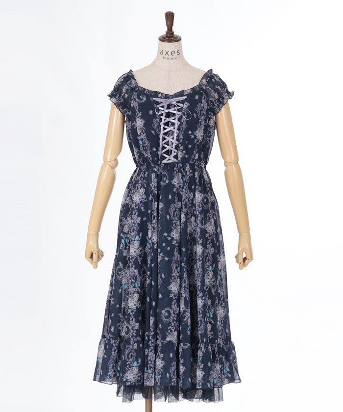 Papillon Rose Pattern Lace-Up Dress