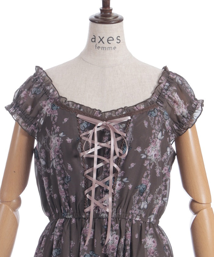 Papillon Rose Pattern Lace-Up Dress