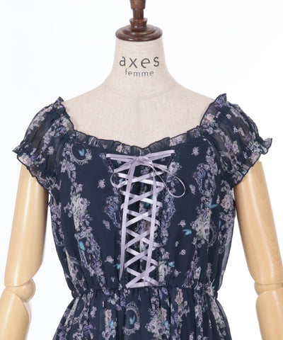 Papillon Rose Pattern Lace-Up Dress