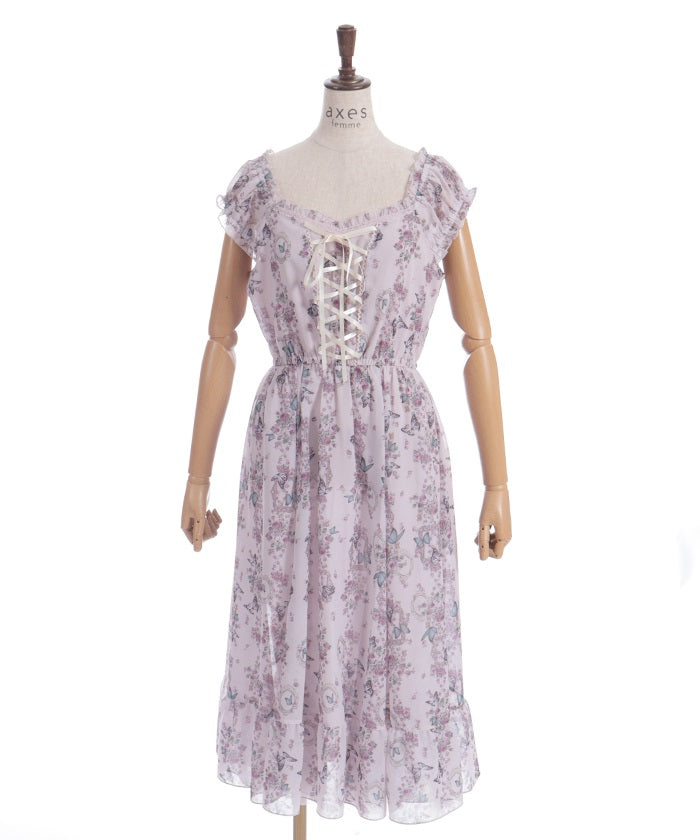 Papillon Rose Pattern Lace-Up Dress