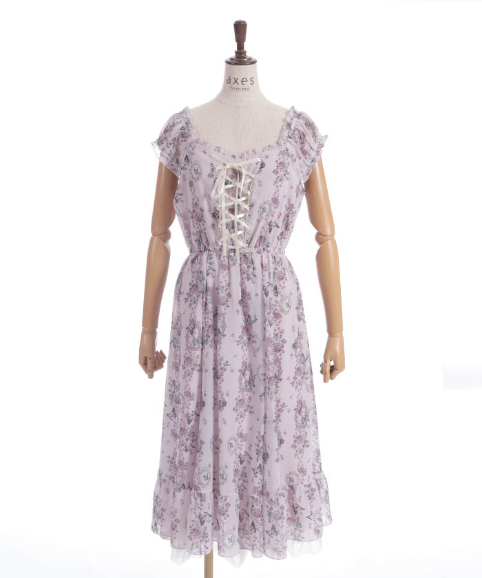 Papillon Rose Pattern Lace-Up Dress