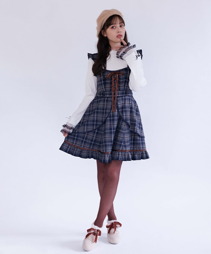 Check Pattern Lace-Up Jumper Skirt