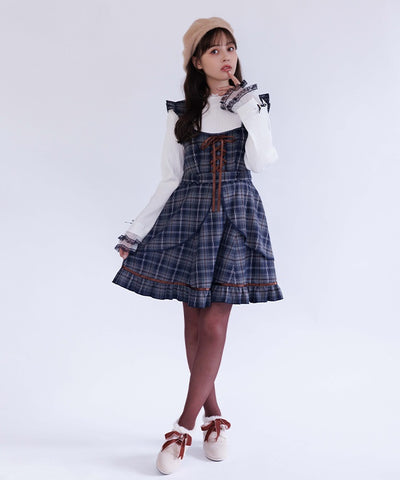 Check Pattern Lace-Up Jumper Skirt