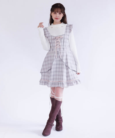 Check Pattern Lace-Up Jumper Skirt