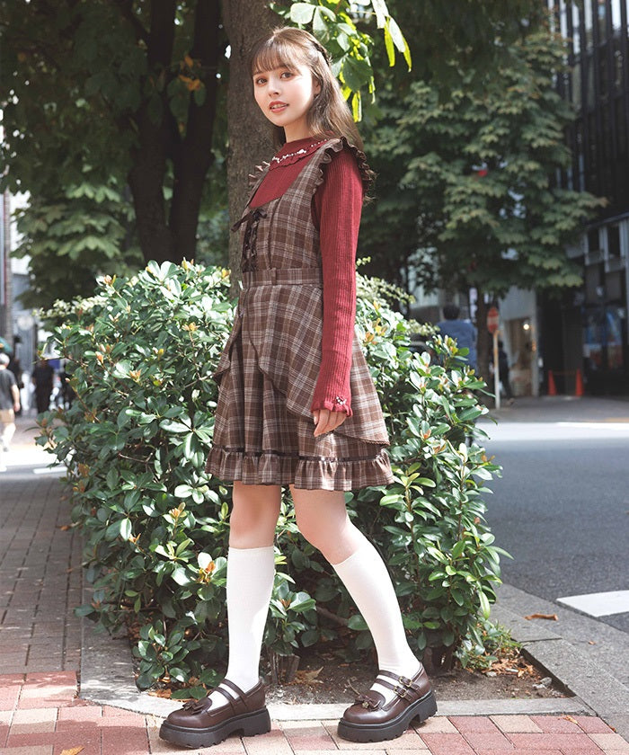 Check Pattern Lace-Up Jumper Skirt