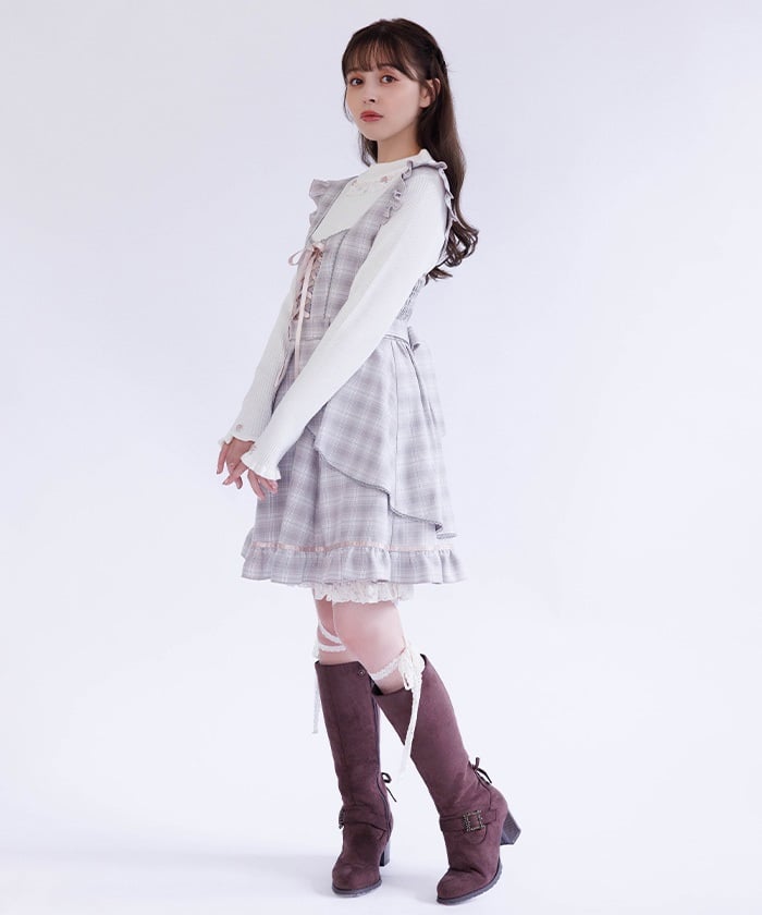 Check Pattern Lace-Up Jumper Skirt