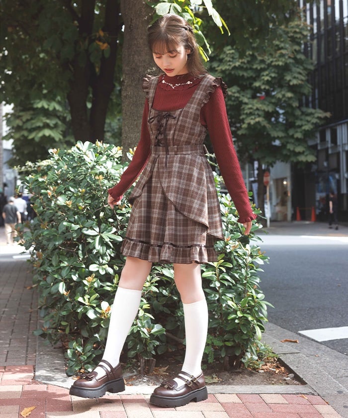 Check Pattern Lace-Up Jumper Skirt