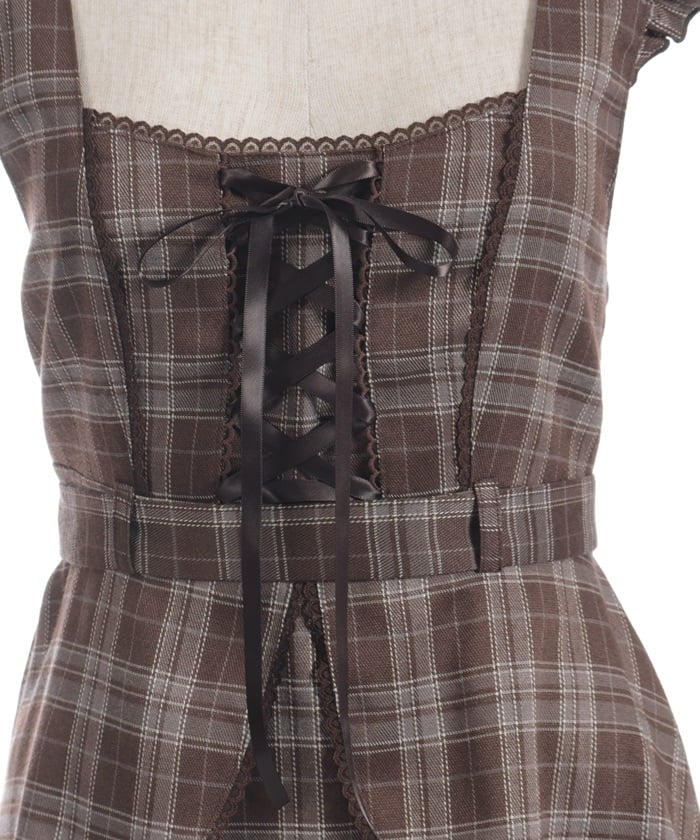 Check Pattern Lace-Up Jumper Skirt