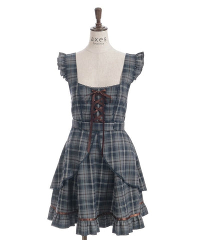 Check Pattern Lace-Up Jumper Skirt