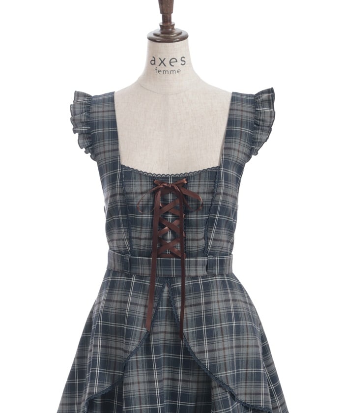 Check Pattern Lace-Up Jumper Skirt