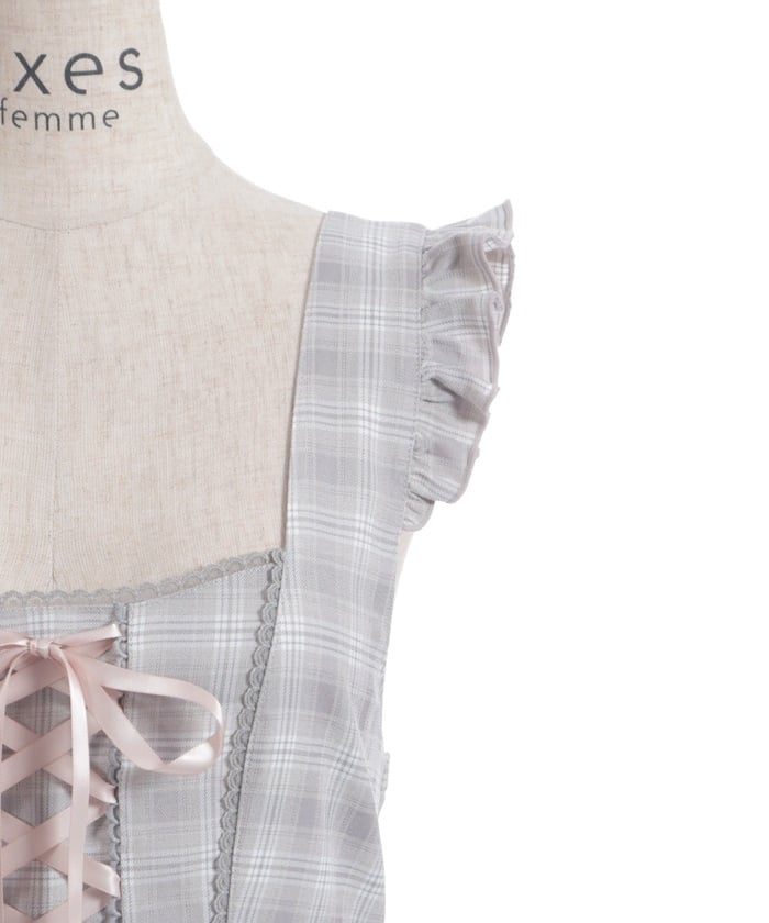 Check Pattern Lace-Up Jumper Skirt