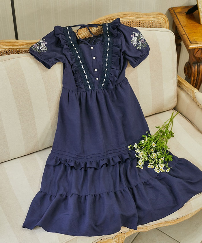 Ladder Lace & Sleeve Rose Embroidery Dress