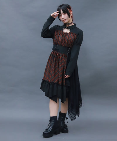 Asymmetric Frill Check Dress