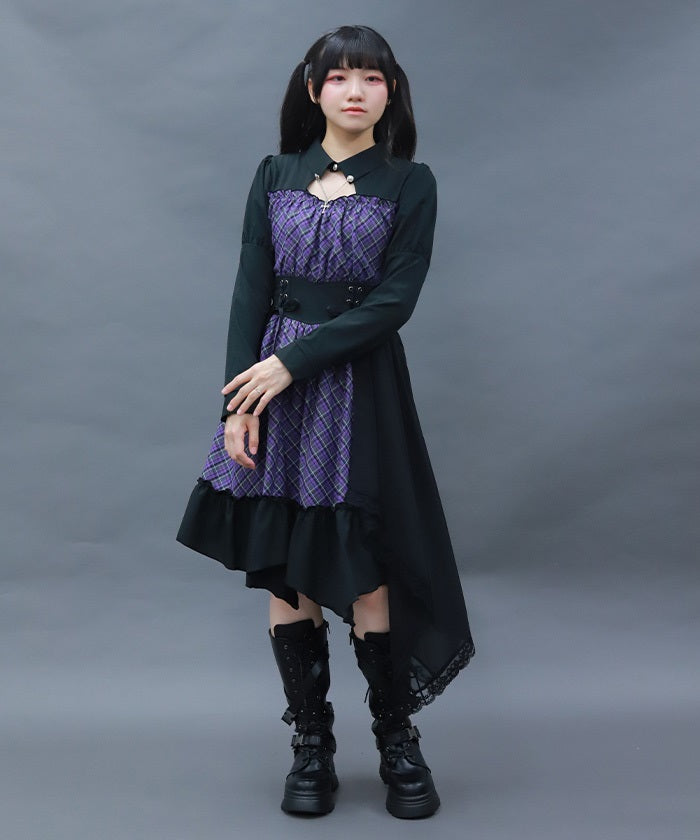 Asymmetric Frill Check Dress