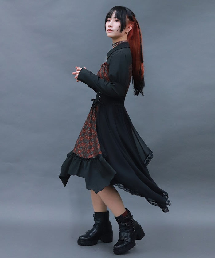 Asymmetric Frill Check Dress