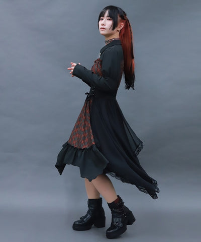 Asymmetric Frill Check Dress