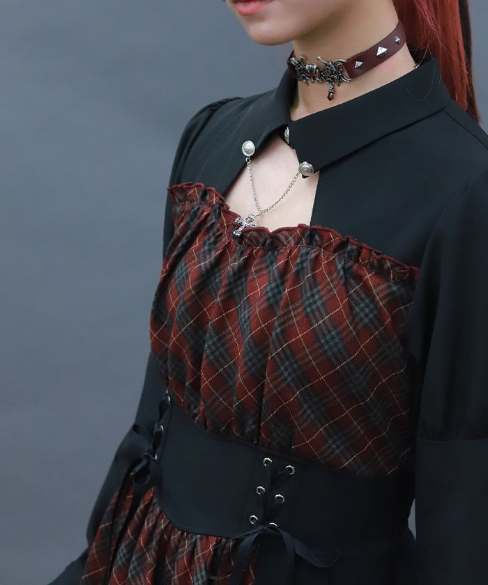 Asymmetric Frill Check Dress