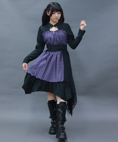 Asymmetric Frill Check Dress