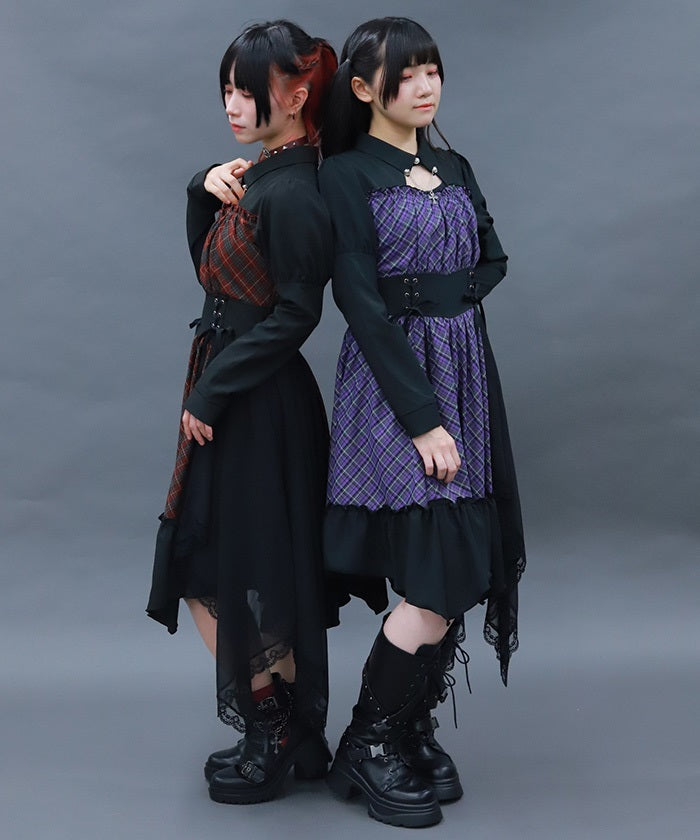 Asymmetric Frill Check Dress