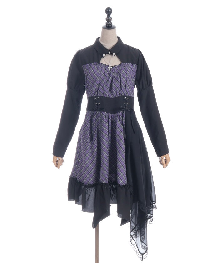 Asymmetric Frill Check Dress