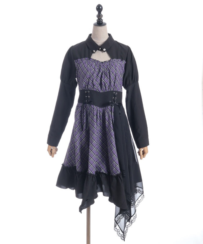 Asymmetric Frill Check Dress