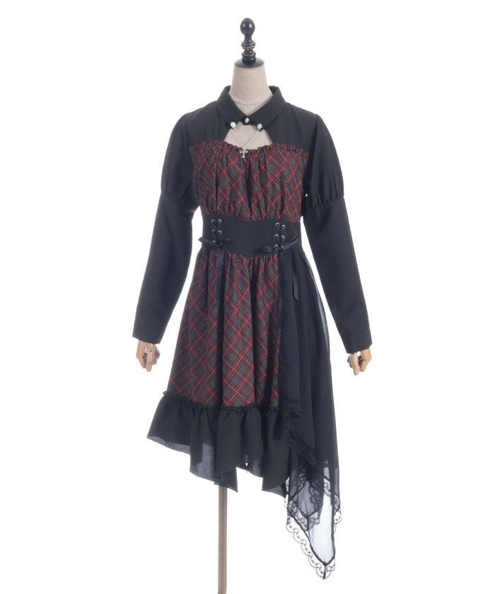 Asymmetric Frill Check Dress