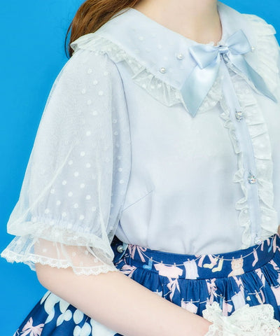 Dotted Tulle Short Sleeve Blouse