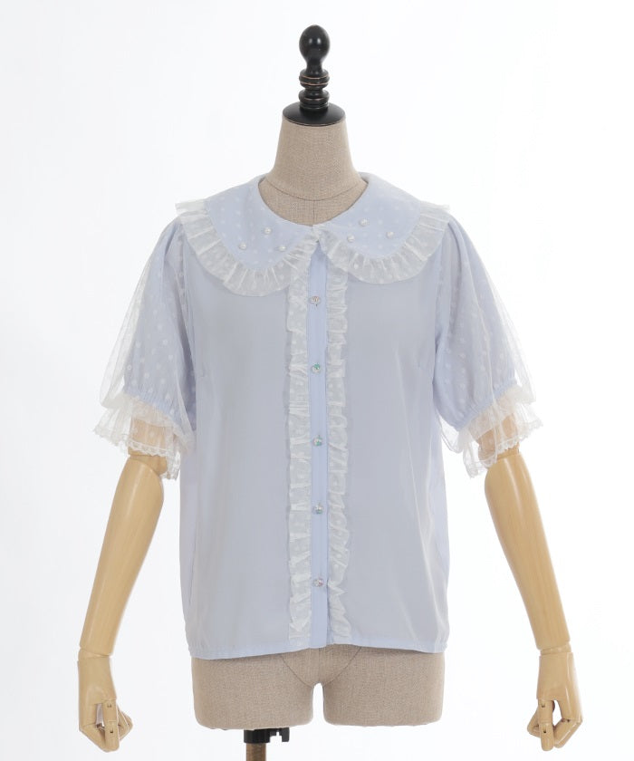 Dotted Tulle Short Sleeve Blouse