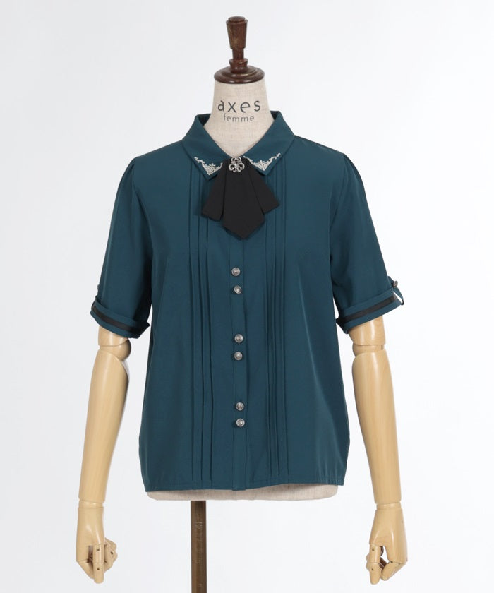 Double Button Blouse with Metal Charm & Tie