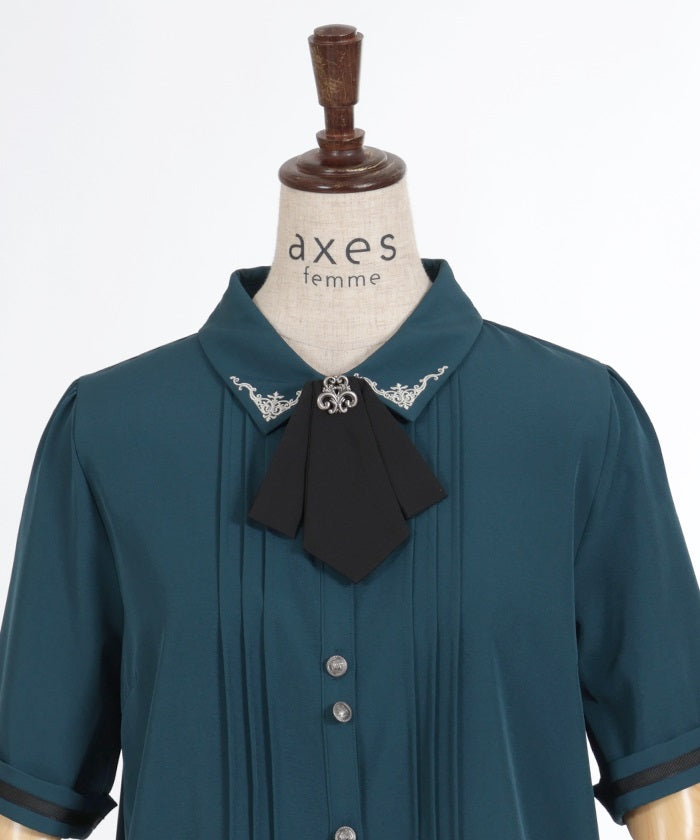 Double Button Blouse with Metal Charm & Tie