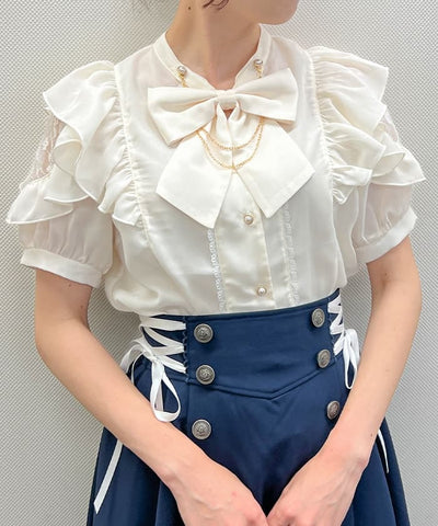 Stand Collar Frill Blouse with Ribbon