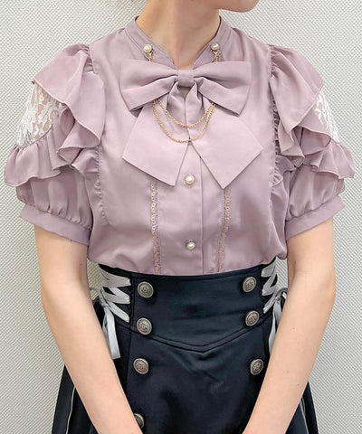 Stand Collar Frill Blouse with Ribbon