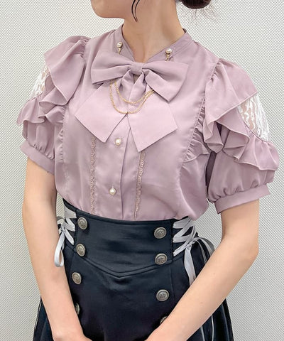 Stand Collar Frill Blouse with Ribbon