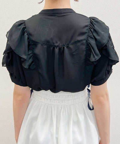 Stand Collar Frill Blouse with Ribbon