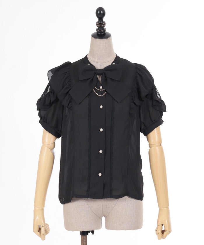 Stand Collar Frill Blouse with Ribbon