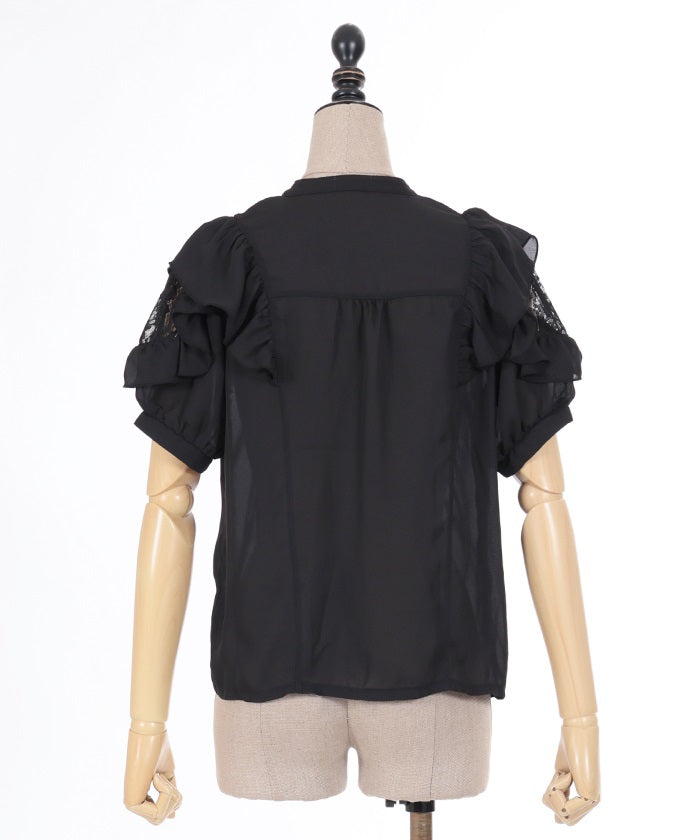 Stand Collar Frill Blouse with Ribbon