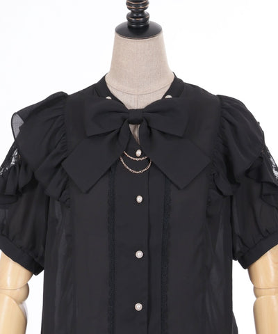 Stand Collar Frill Blouse with Ribbon